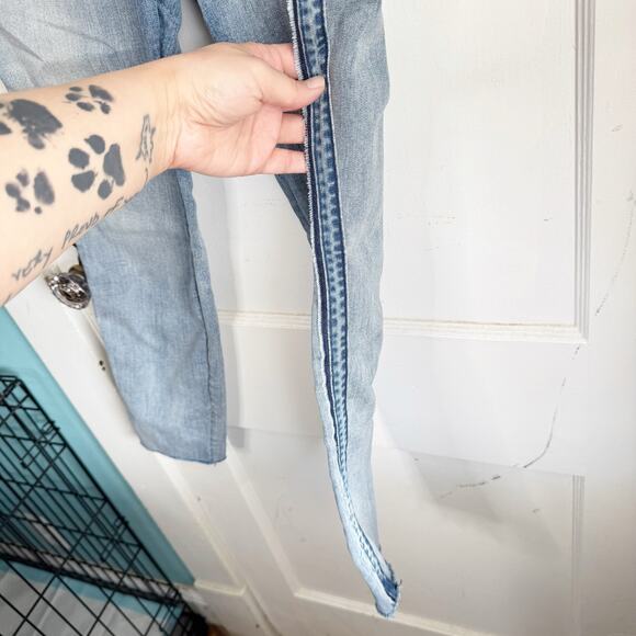 EXPRESS Perfect Curves Leggings High Rise Jeans Blue Side Seam Stripe Raw Hem 12 - Picture 7 of 13